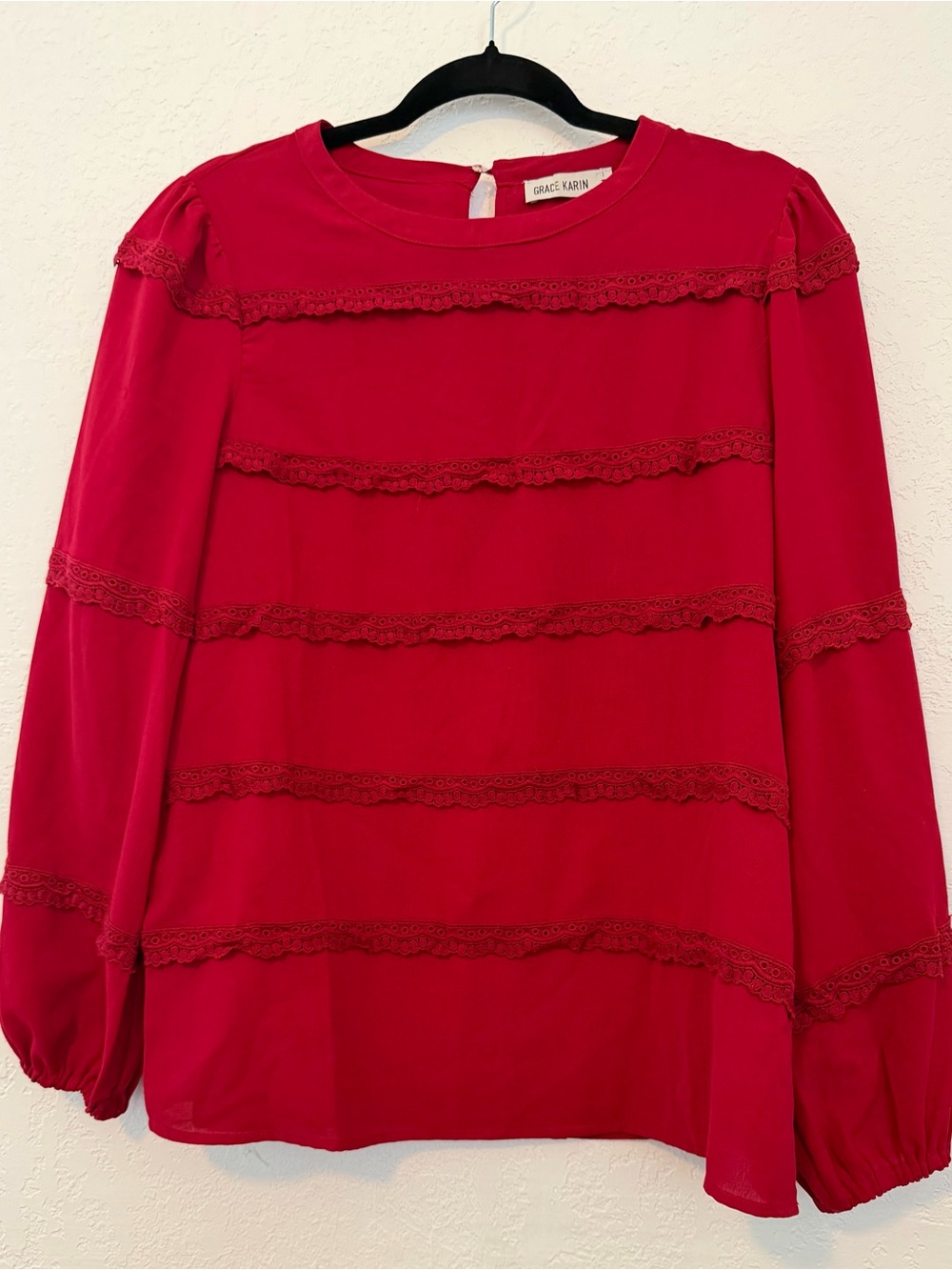 Grace Karin Red Lace-Trim Long Sleeve Top